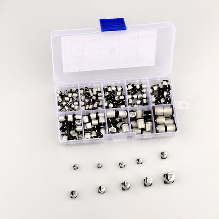 

180Pcs 16-50V 1uF/4.7uF/10uF/22uF/47uF/100uF/220uF/330uF/470uF/1000uF 10 Values SMD Aluminum Electrolytic Capacitors Assortment Kit with Plastic Box