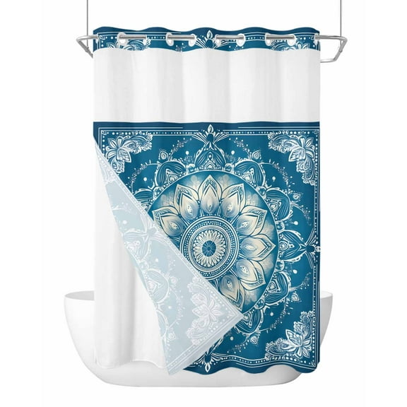 No Hook Cloth Fabric Shower Curtain with Snap in Liner, Navy Blue Boho Waterproof Shower Curtains Set with See Through Top Window, Southwestern Floral Ethnic Tribal Abstract Bath Curtains 60"x72"