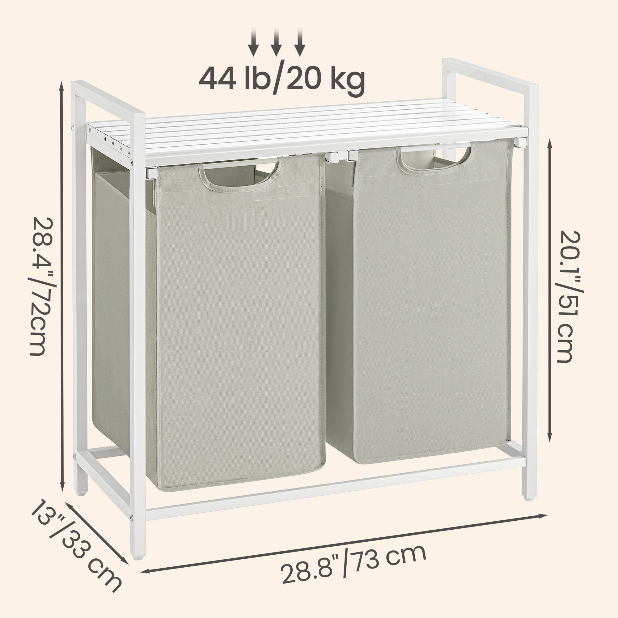 Ledrem Laundry Sorter with 2 Removable Bags and Storage Shelf, 2-Compartment Organization, White