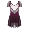 thumbnail image 4 of Fldy Womens Mesh Splice Ballet Dance Loetard Short Sleeve Figure Ice Skating Skirted Loetard Bodysuit Dark Purple XXL, 4 of 7