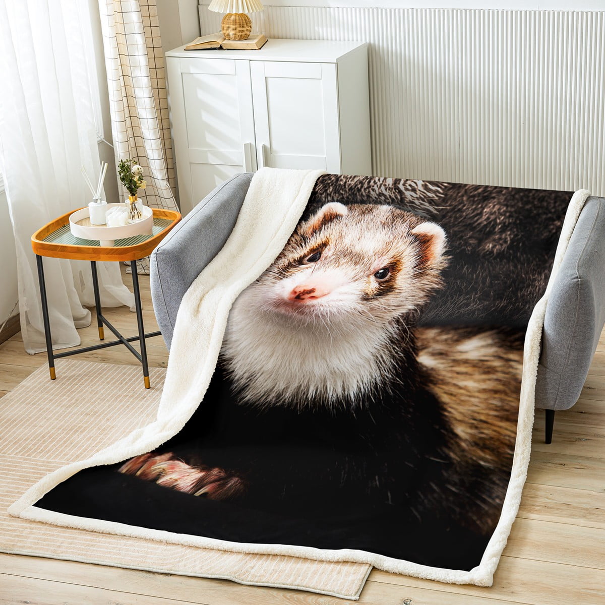 YST 3D Ferret Fleece Blanket Wild Animal Print Sherpa Blanket Pet Theme Blanket Brown White Throw Blanket for Sofa Ferret Lovers Gifts Flannel Blanket for All Seasons Microfiber Walmart
