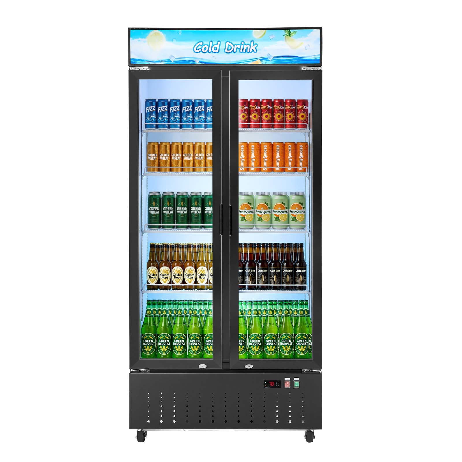 KFFKFF Commercial Merchandiser Refrigerator, 20.8 Cu.Ft / 590L Beverage Display Cooler, Double Glass Door with Customizable Lightbox, 8 Adjustable Shelves, LED Lighting & Casters
