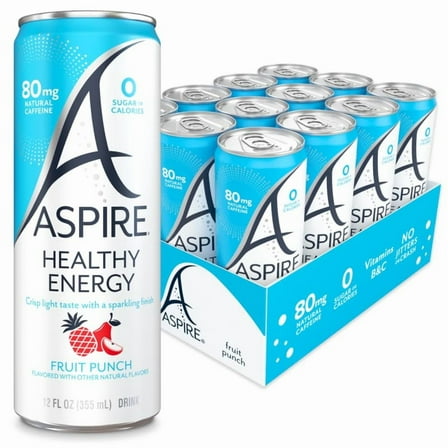 ASPIRE® Fruit Punch, Healthy Energy Drink 80mg Natural Caffeine, Zero Sugar No Carbs Keto Friendly, 12 Pack Green Tea Sugar Free Drink Low Caffeine Zero Calorie