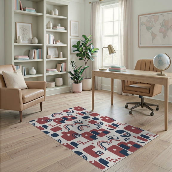 ODIKA 4'x6' Burgundy Geometric Rainbow Abstract Washable Area Rug Contemporary Scandinavian Style Interlocking Shapes Arches Dots Minimalist for Bedroom, Reading Nook, Pet Friendly & Non-Shedding