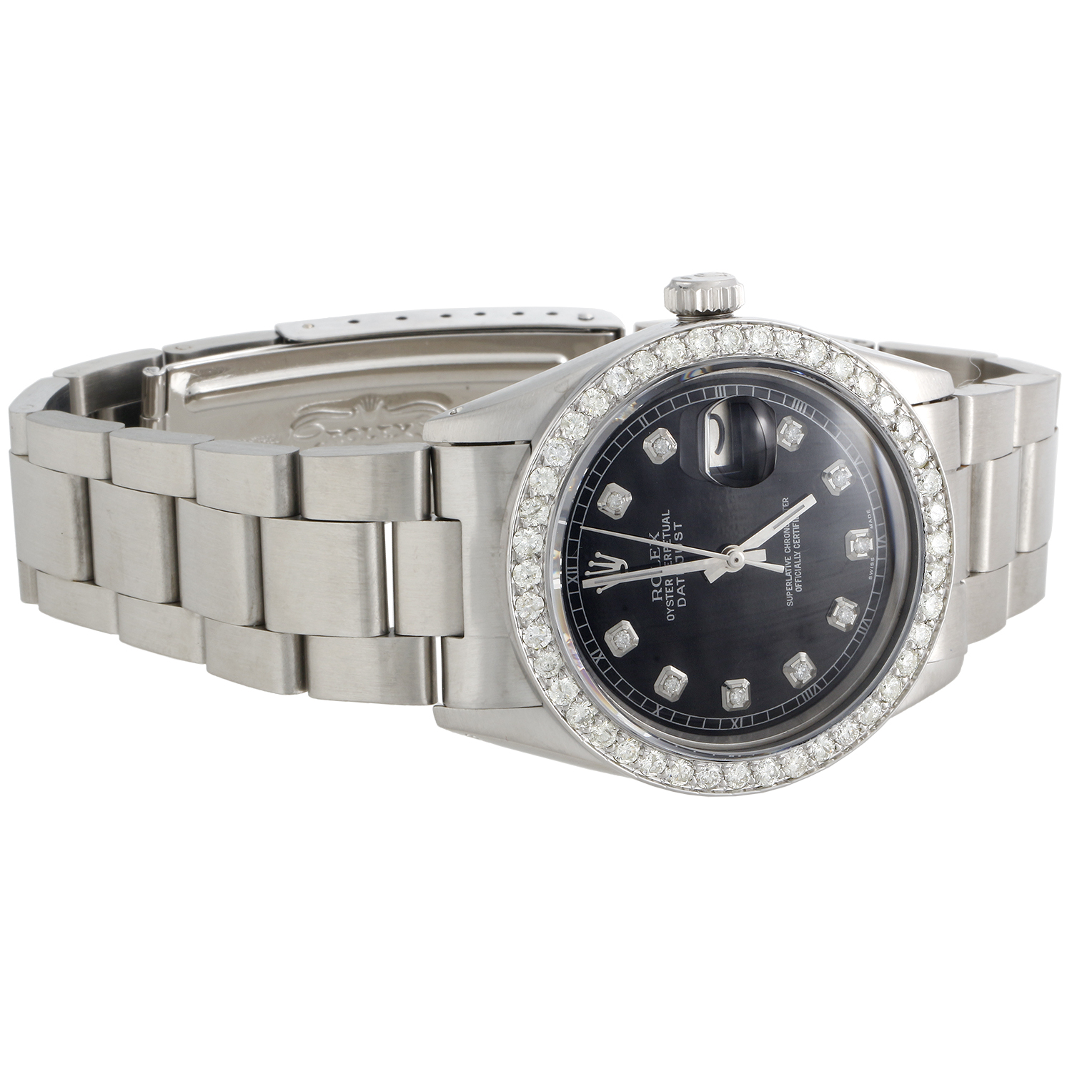 Mens Rolex 36mm DateJust Diamond Watch Oyster Steel Band Custom Black Dial 2 CT. - PreOwned - image 5 of 10