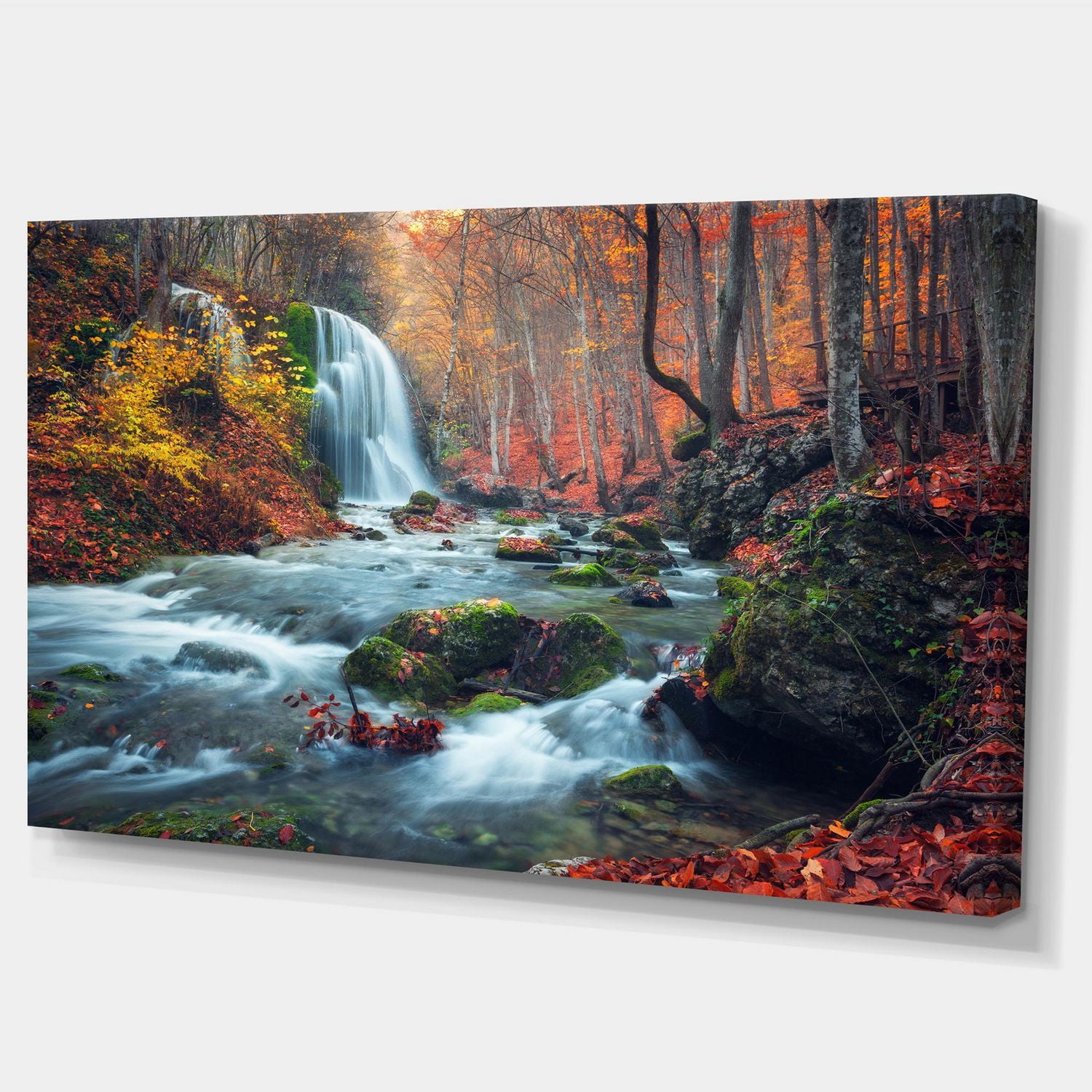 Designart Autumn Mountain Waterfall Long View Canvas Wall Art