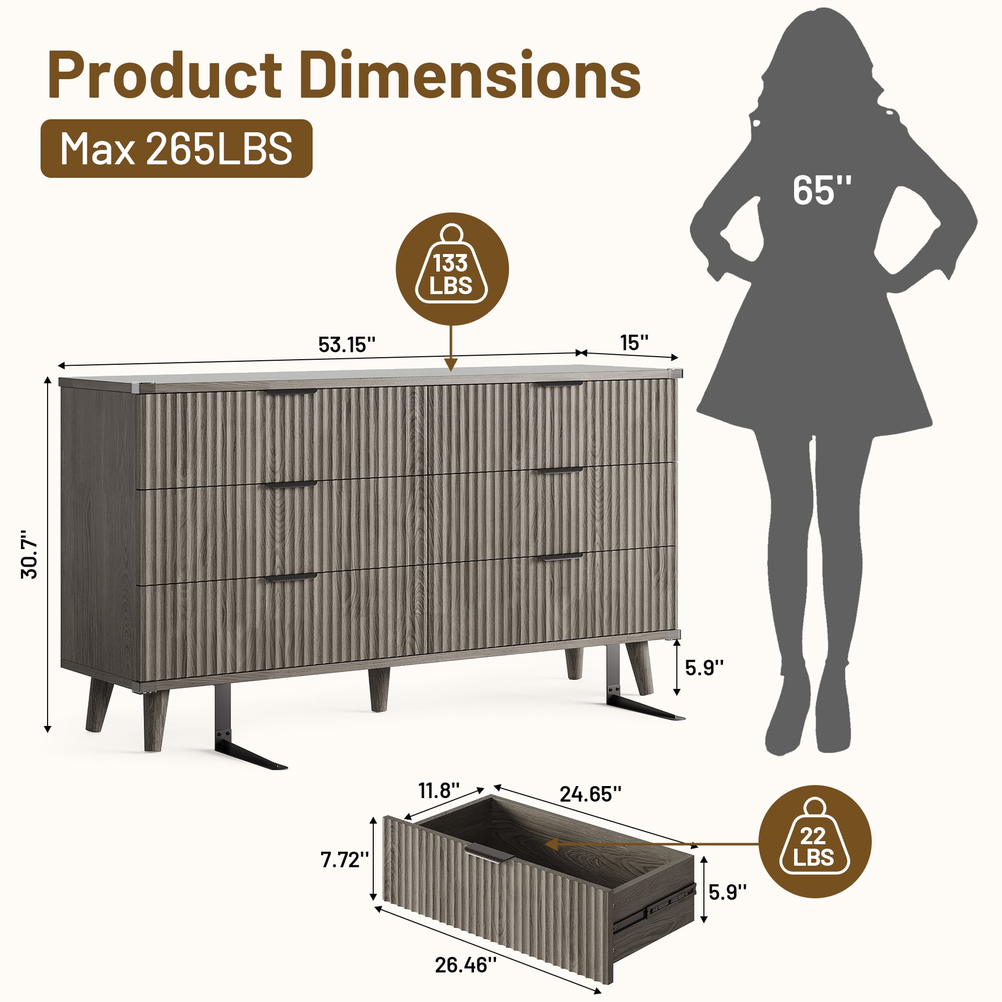 Aufeile 6 Drawer Dresser for Bedroom, 53" Wood Dresser & Chest of Drawers with Fluted Design, Bedroom Dressers for Adults & Dresser Organizer, Long Dresser with Storage, Dark Gray Oak