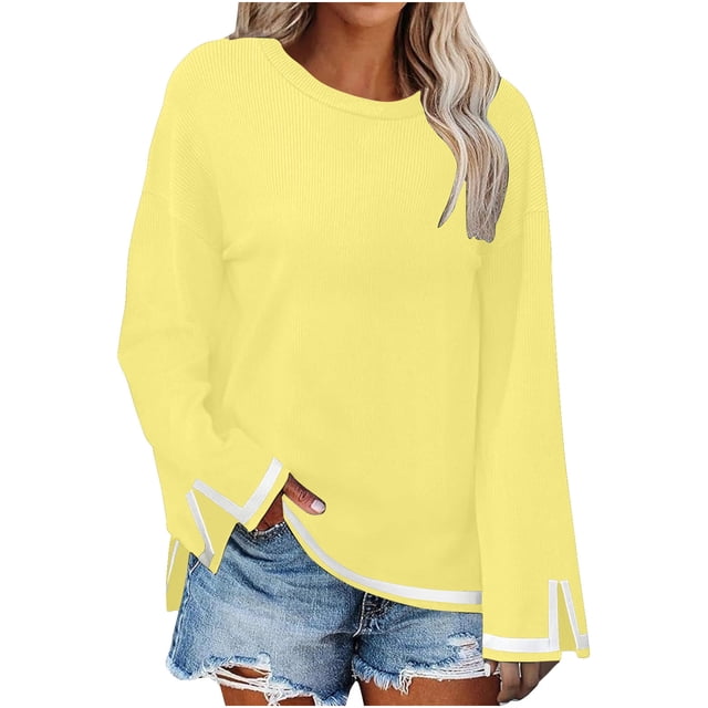 MeetoTime Long Sleeve Tops for Women Round Neck Slit Ribbed Pullover 2024 Fall Clothes Oversized Sweaters
