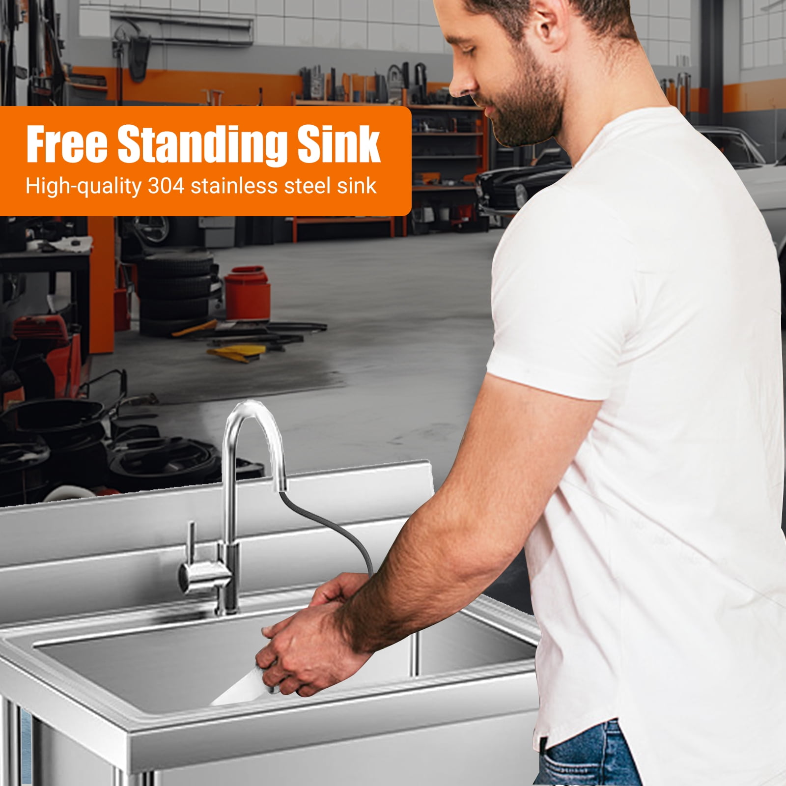 Stainless Steel Utility Sink, Freestanding Single Bowl Kitchen Sink with Cold and Hot Water Pipes/Pull-Out Faucet/Storage Shelf, Commercial Laundry Sink for Indoor Outdoor