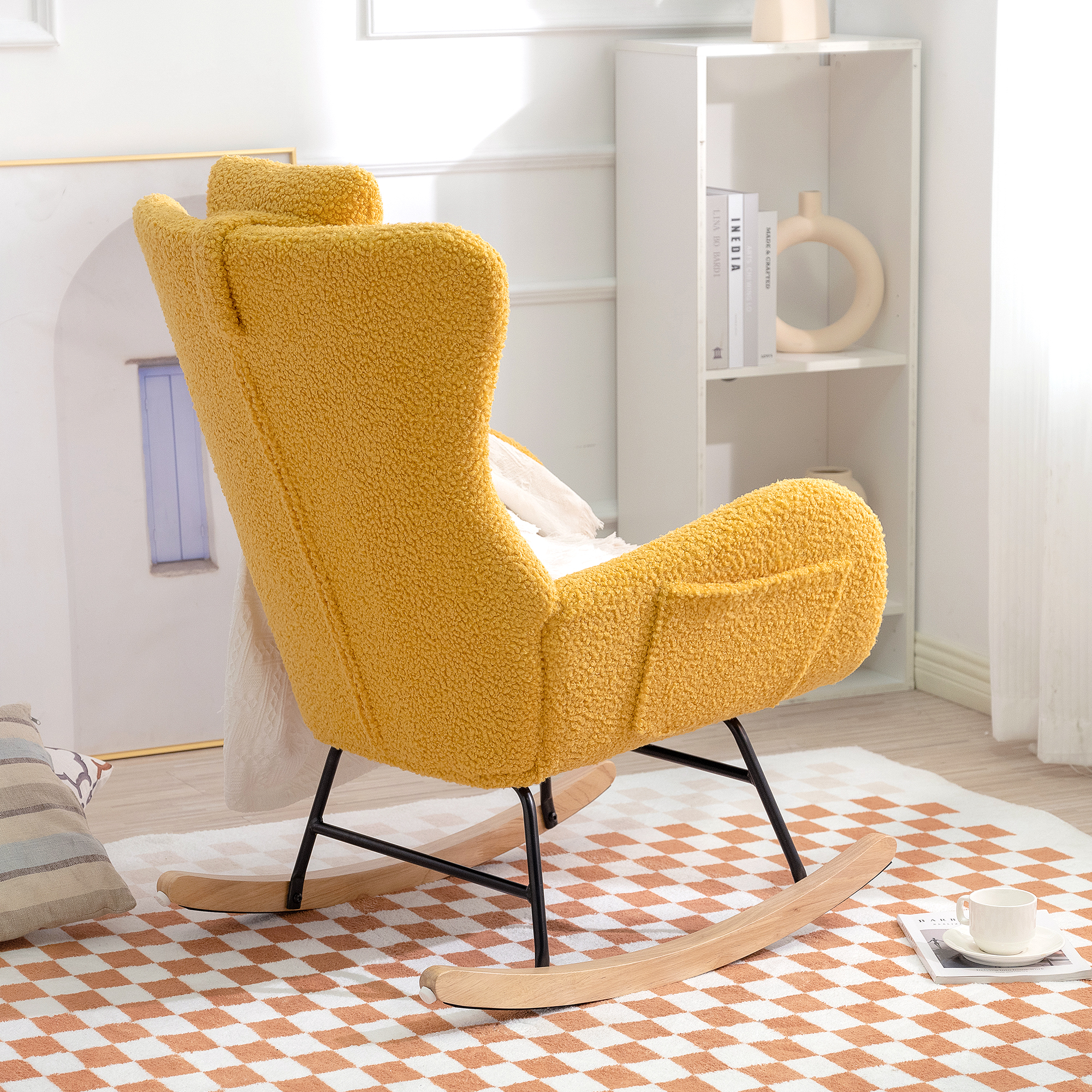 Rocking Chair Nursery,  Rocking Chair With Non-slip Mat, Metal Frame, High-density Sponge Backrest And Seat Cushion, Living Room Accent Chair