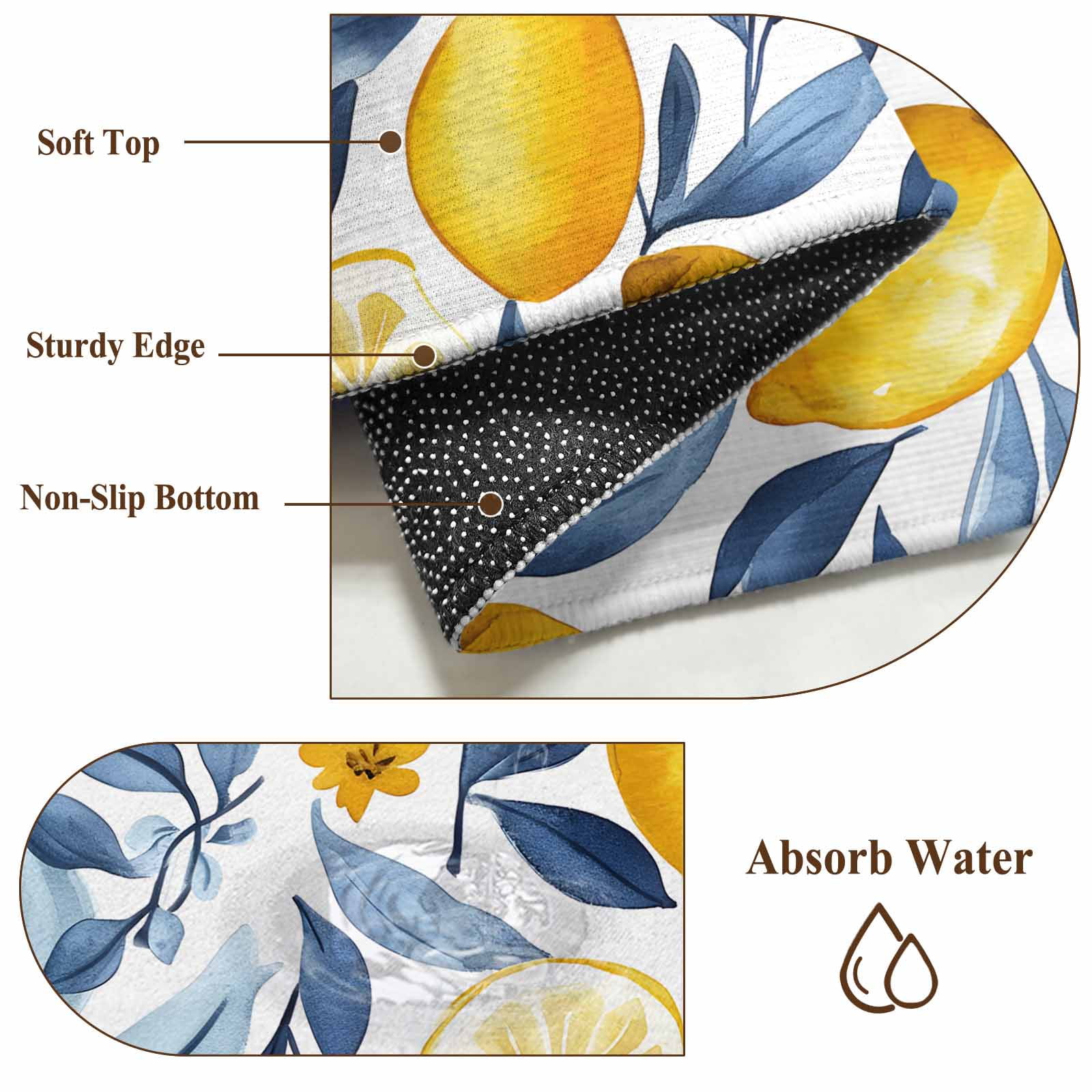 Area Rug 5'x7', Yellow Lemon Non-slip Runner Rug Carpet for Bedside, Blue Flower Leaves Spring Summer Plant Washable Outdoor Indoor Area Rugs Mat for Entryway/Living Room/Bedroom/Kitchen/Office