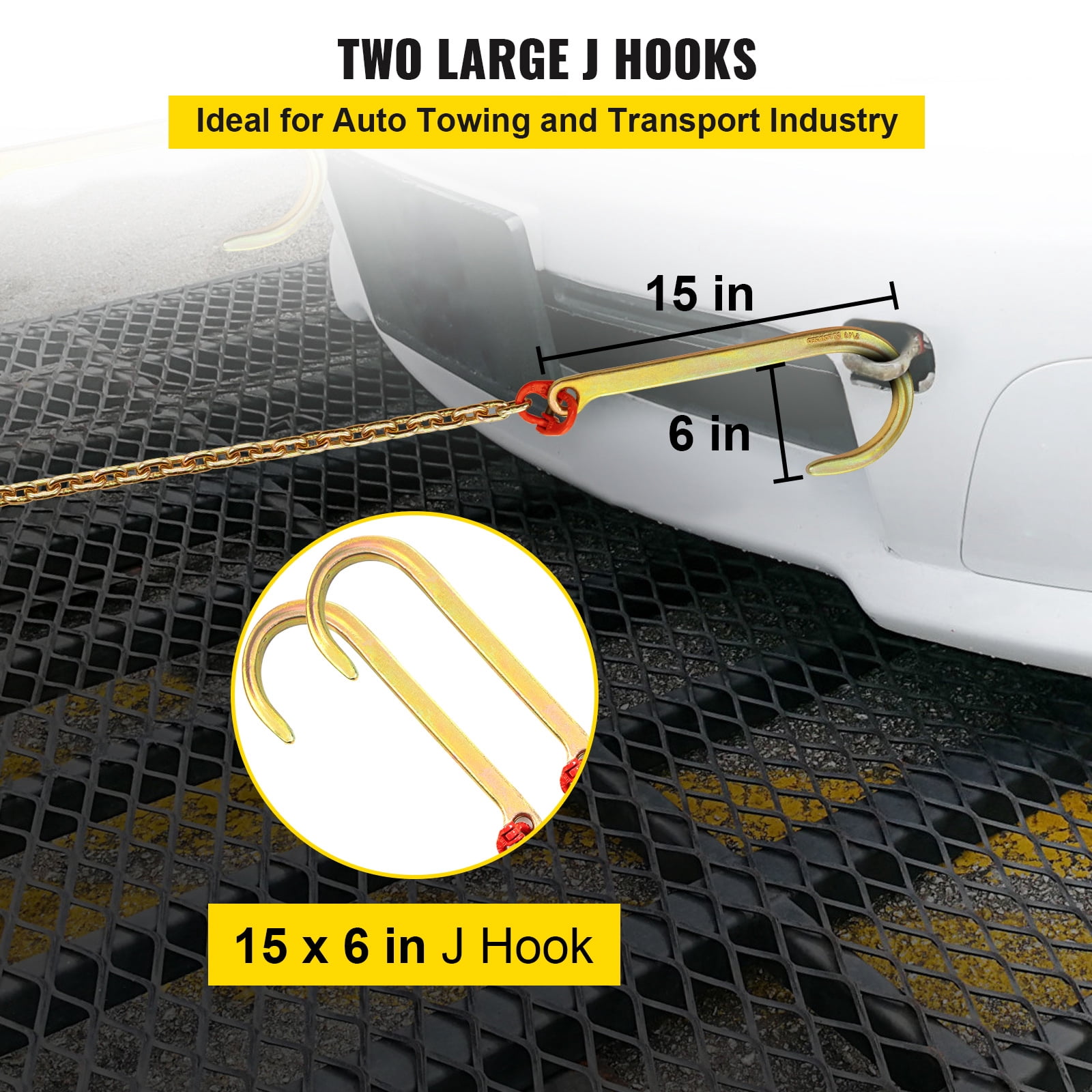 KFFKFF J Hook Chain, 5/16 in x 10 ft Bridle Tow Chain, Grade 80 Bridle Transport Chain, Alloy Steel Chain with 2 J Hooks, 9260 Lbs Break Strength Tow Hooks for Trucks, J Hooks Towing Straps 2PCS