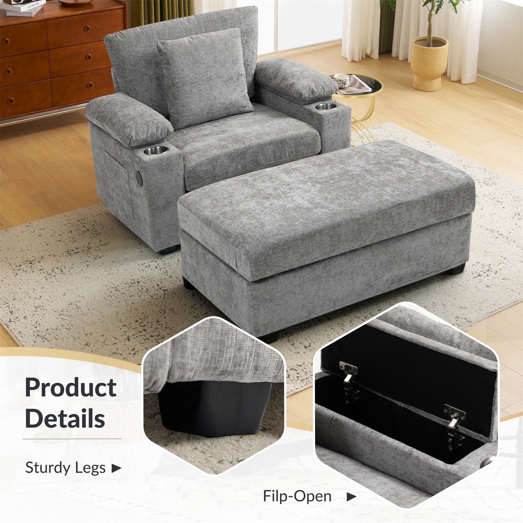 Alvantor Oversized Lounge Chair with Ottoman, Chenille Accent Armchair with Cupholders & USB Charging for Living Room Grey