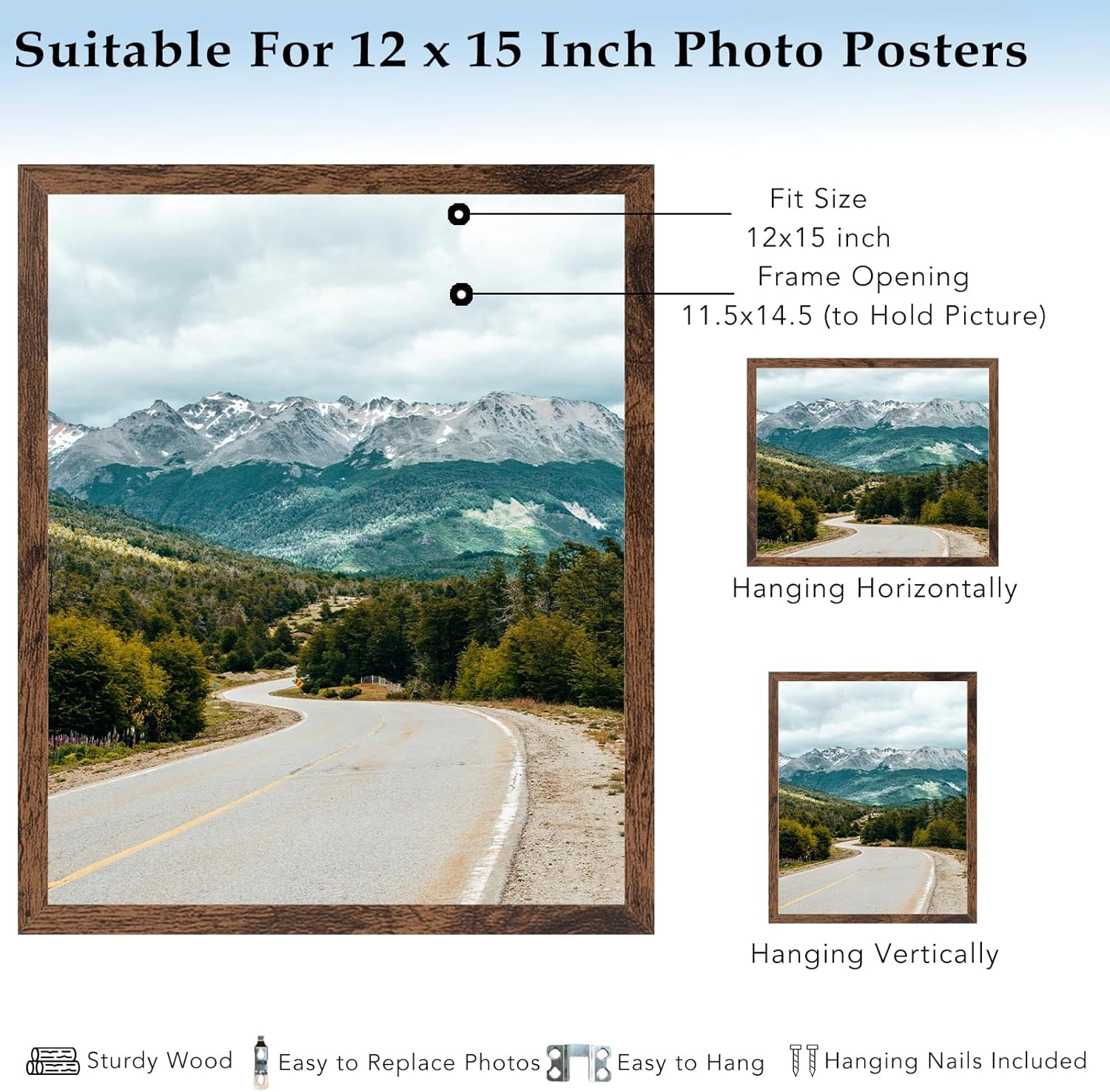 12x15 Picture Frame Deep Brown for Wall Hanging, Wood 12 x 15 Frame Photo Frame for Wall Horizontally or Vertically, Deep Brown, 3 Pack
