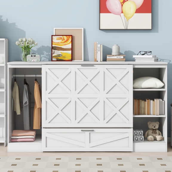 Euroco Twin Size Murphy Bed with Shelves and Drawers, Cabinet and Wardrobe, White