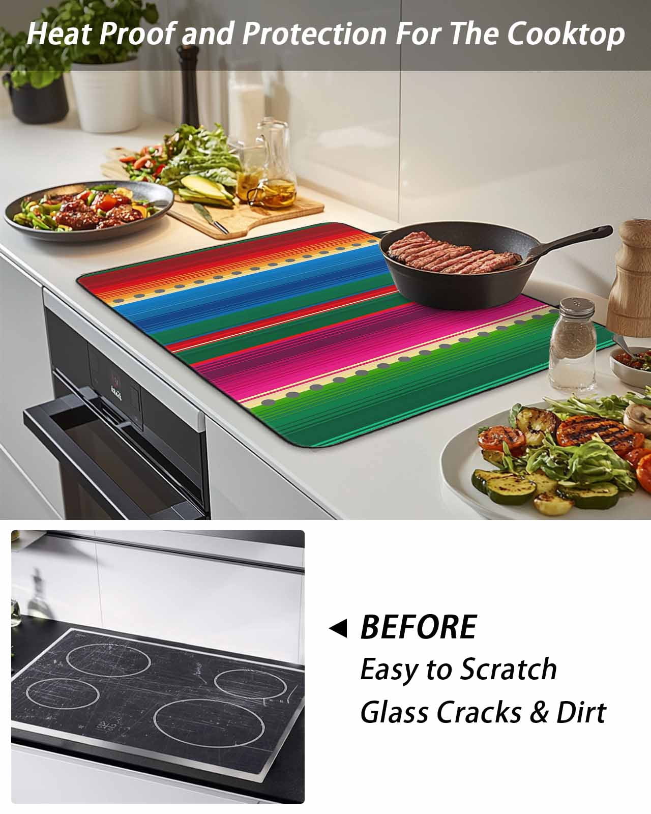 Stove Top Covers for Electric Stove, Mexican Stripes Glass Stovetop Cover Protector, Blue Boho Red Green Orange Art Simple Induction Cooktop Protector Oven Mat for Kitchen Countertop 24"x21"