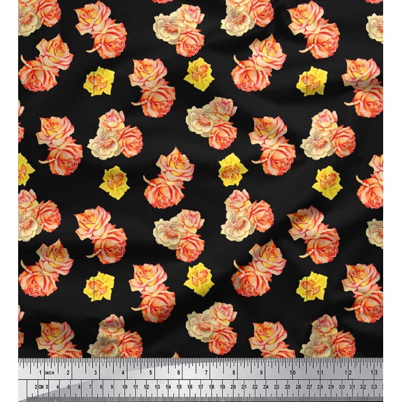Soimoi Black Cotton Duck Fabric Grandiflora Roses Floral Printed Craft Fabric by the Yard 42 Inch Wide