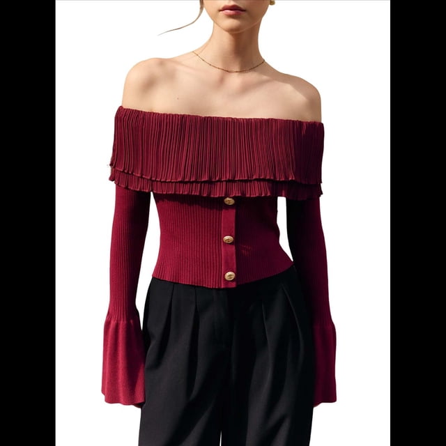Blusas con Hombros Descubiertos para Mujer, Blusas de Larga para Salir, Estilo Y2K, Jersey de Punto, Conjuntos de Otoño A Rojo S