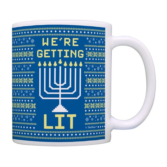 ThisWear Hanukah Mug We're Getting Lit Funny Jewish Gifts Hanukkah Present Punny 11 ounce Coffee Mug Blue