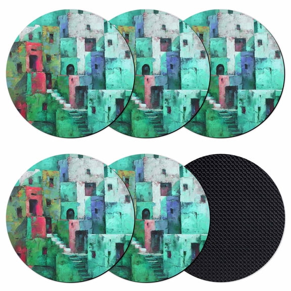 Abstract Green Coasters Set of 6, Absorbent Coasters for Drinks, Painting Buildings Geometric Color Block Coaster for Desk Coffee Table Protection, Home Decor House Warming Gifts 4"