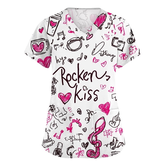 Womens Valentine's Day Scrub Top Cute Heart Print Short Sleeve Vneck Stretch Holiday Scrub Shirt Valentine's Day Caregiver T Shirts