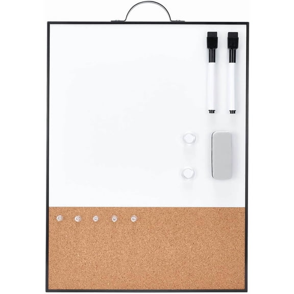 Small Whiteboard Cork-Board - 16" X 12" Portable Aluminum Black Framed Magnetic Dry Erase Board, Bulletin Cork Board with Holder for Office, Home and School