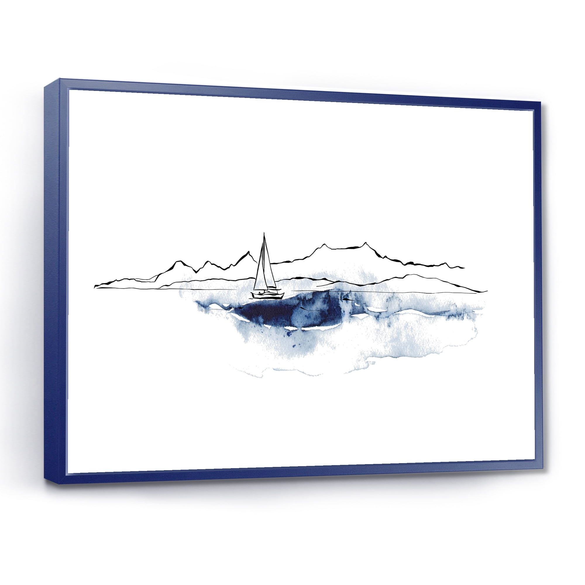 Designart 'Minimalistic Seascape With Boat and Black Mountains' Nautical & Coastal Framed Canvas Wall Art Print