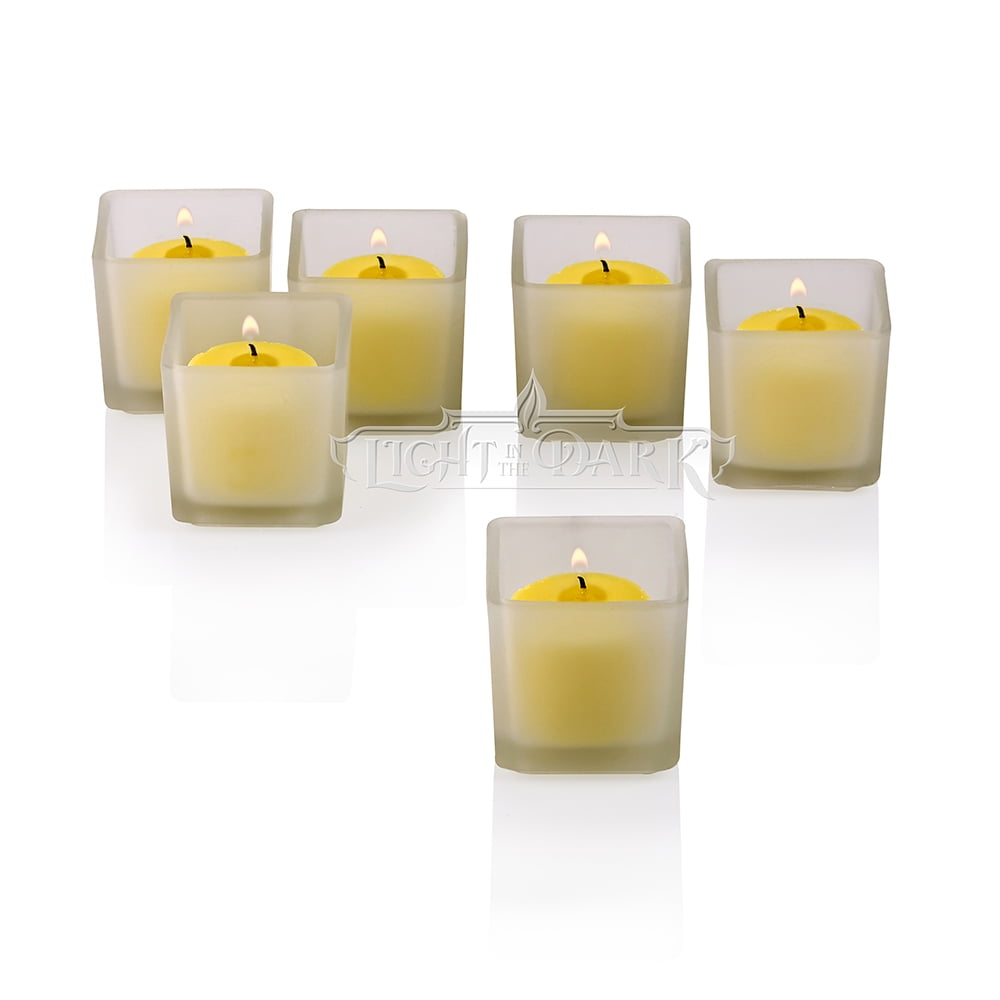 White Frosted Square Votive Candle Holders with Citronella Yellow