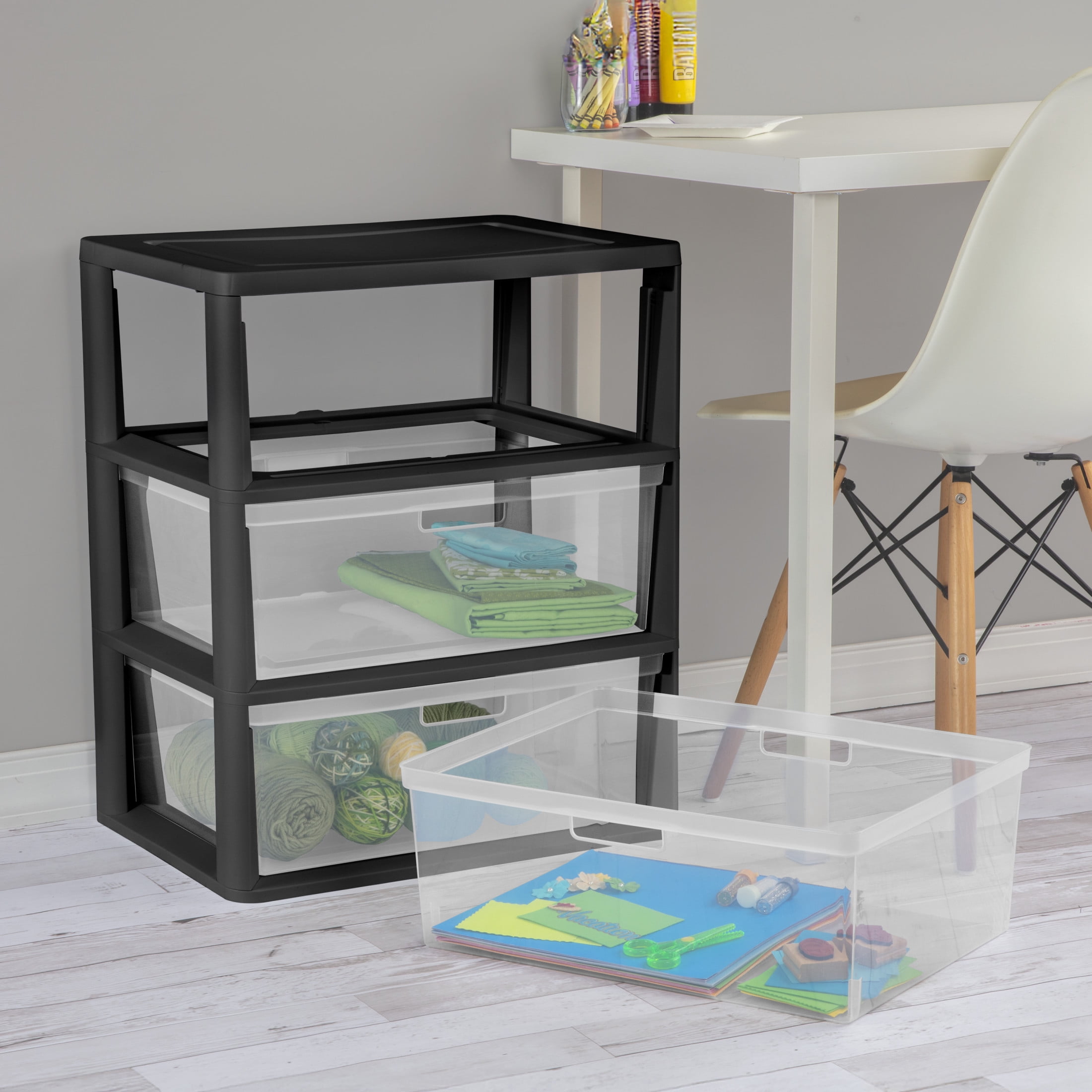 Sterilite Wide 3 Drawer Tower, Plastic Storage Organizer with Removable Clear Bins, Easy to Assemble - No Tools Needed, Black