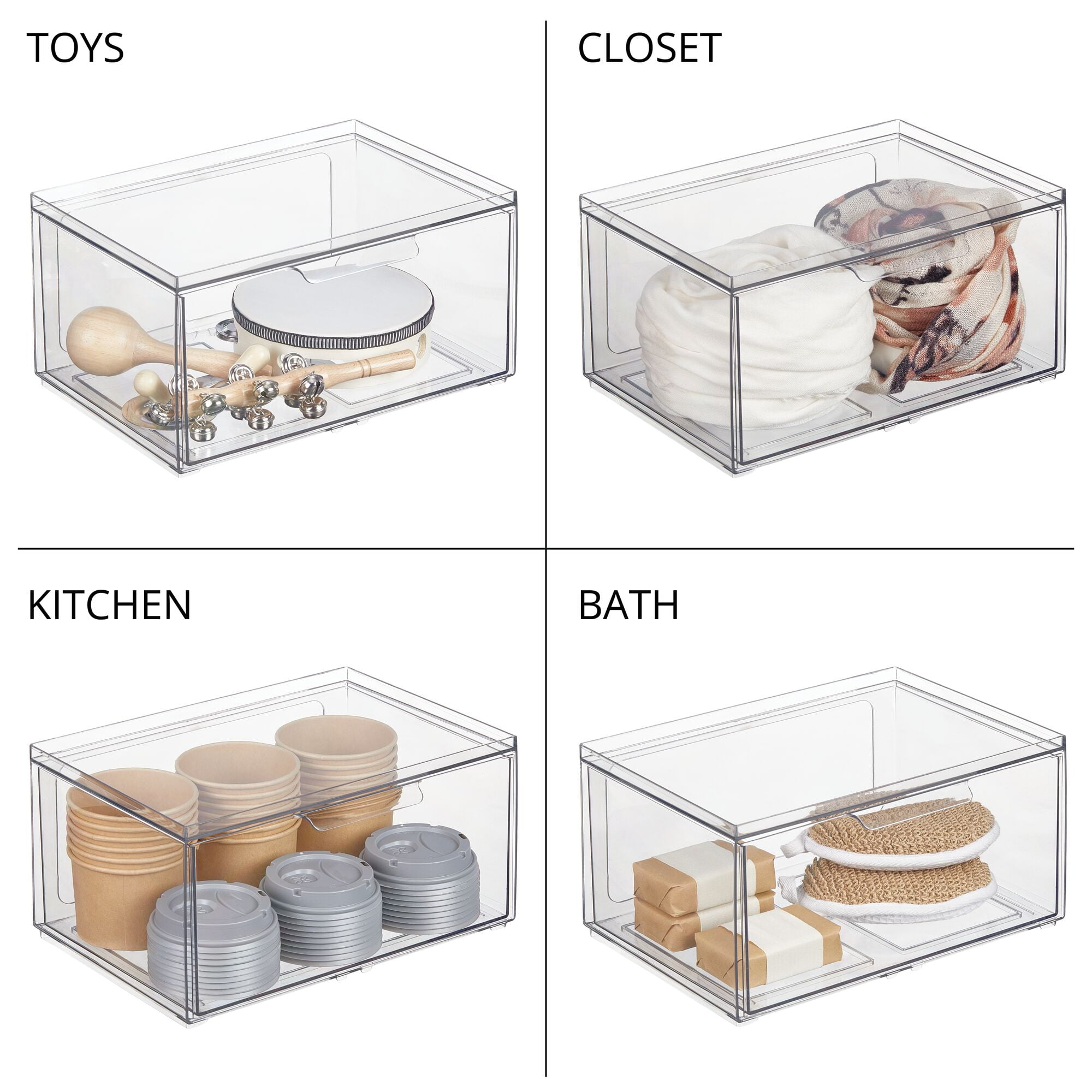 mDesign Plastic Wide Stackable Bathroom Storage Organizer, Drawer, 4 Pack, Clear