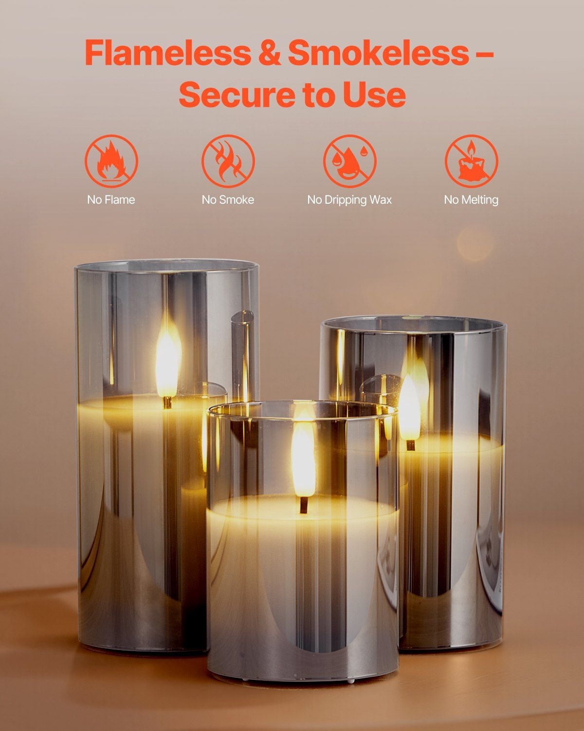 3 Pack Battery Operated Flameless LED Candles with Remote Control, 500-Hour Battery Life, Flickering Flame Effect, Safe for Kids and Pets, Gray Glass Wax Candles for Home Decor