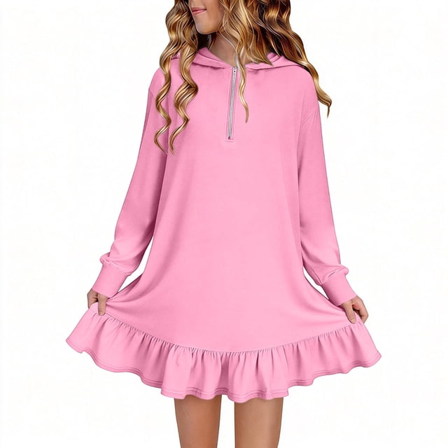 Tauxra Robe à Capuche Unie pour Femmes Robe Décontractée à Manches Longues avec Ourlet à Volants Robe Chandail pour Usage Quotidien