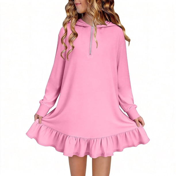 Vestidos de Manga Larga de las Niñas Tamaño 7-8 Lindo Color Sólido Suelto Vestido con Capucha, Vestido de Manga Larga de la Niña para el Uso Diario Informal