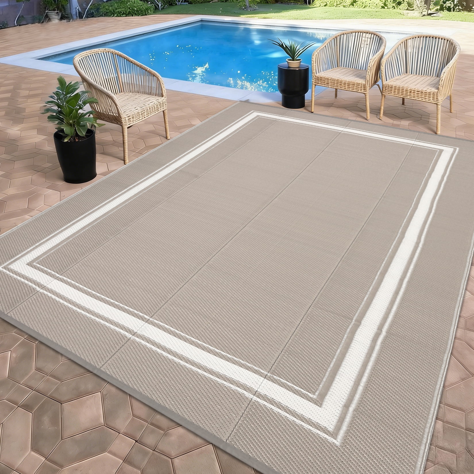 Outdoor Rugs 8x10 for Patio Waterproof Floor Mats Modern Bordered Plastic Straw Large Area Rugs Lightweight Reversible Mat Carpet for RV Backyard Balcony Porch Grey/White