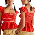 thumbnail image 4 of Gupgi Women Fly Sleeve Crop Tops Square Neck Patchwork Ruched T-Shirts, 4 of 6