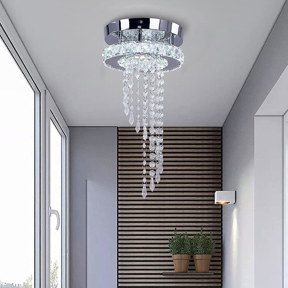 FRIXCHUR Modern Crystal Chandelier Small LED Ceiling Light Mini Raindrop Crystal Pendant Light Fixture(Cool White)