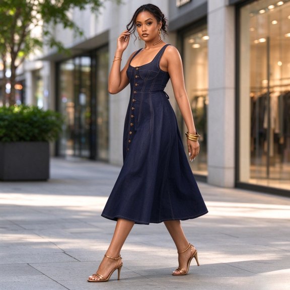 Women's Dark Blue Denim Dress, Square Neck Sleeveless Button Front High Waist A-Line Dress, Fall Commute Casual Wear