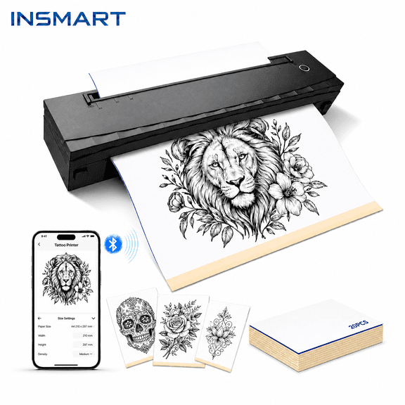 INSMART Tattoo Stencil Printer Machine, Wireless Thermal Printer, Portable Tattoo Printer Kit with 20 Pcs Transfer Paper, Bluetooth Compatible with iOS, Android, Laptop