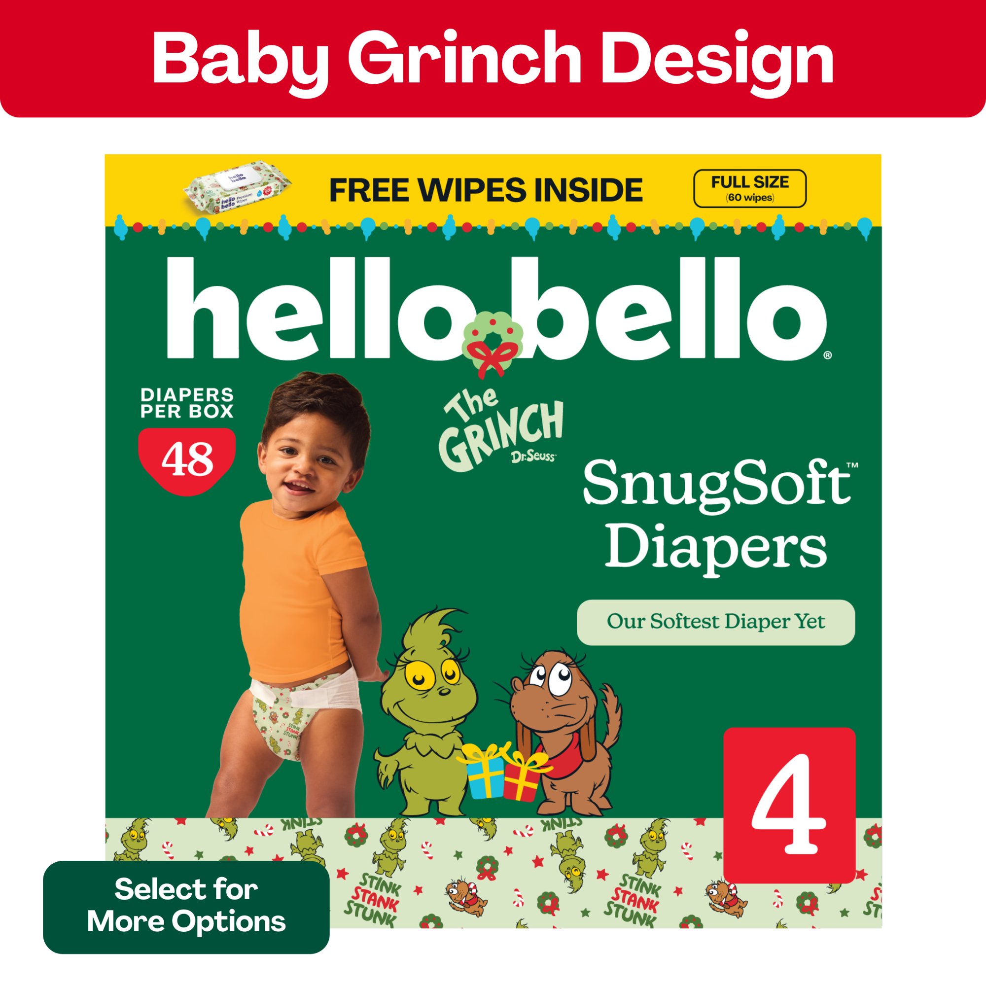 Hello Bello Premium Baby Grinch Diapers Club Box with Bonus Wipes - Size 4, 48 Count
