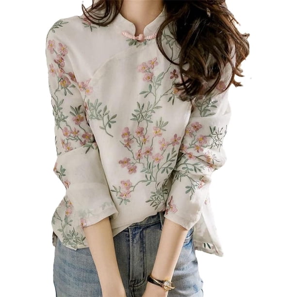 Bollrllr Cheongsam - Camisa de lino de algodón y algodón japonés con estamp floral para mujer