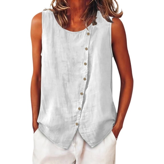 Camisole Tops For Women Casual White Cotton Linen Tank For Comfy Wear Sleeveless Crewneck Shirt Blouse Loose Fit Buttoned Decorative Vest Summer Tops For Women