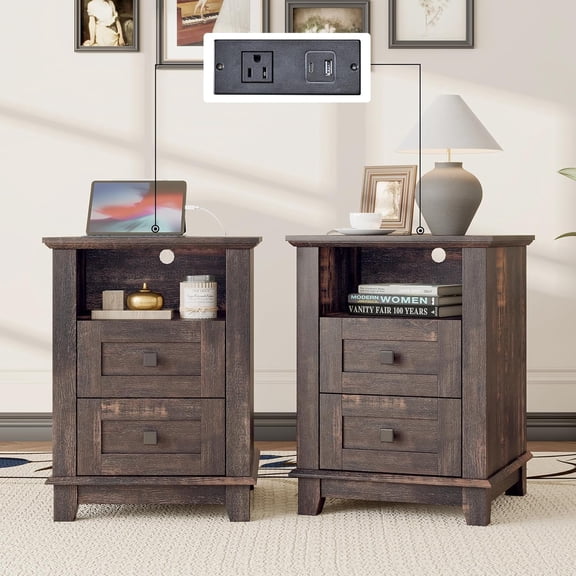 Nightstand Set of 2 with Charging Station, Farmhouse Side Table with 2 Tiers Storage Drawer and 1 Open Wood Cubby for Bedroom, Office, Black
