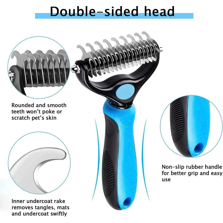 Pet Dematting Comb Double Sided Dematting and Shedding Brush Undercoat Rake Comb for Dogs and Cats Dedicated Pet Grooming Tools Blue