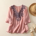 thumbnail image 1 of TaTaai Women's 3/4 Sleeve V-Neck Embroidered Casual Tops Loose Fit Linen Style Blouses Lightweight Soft Comfy for Daily Home Office Wear Gift, 1 of 6