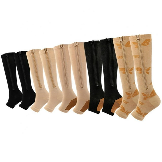 Aosijia 5 Pairs Unisex Compression Socks Toe Open Leg Support Stocking Knee High Socks with Zipper for Mens Womens M