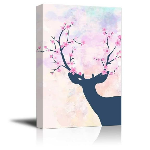 wall26 - Canvas Wall Art - Deer with Flowers in Antlers - Gallery Wrap Modern Home Art | Ready to Hang - 32x48 inches