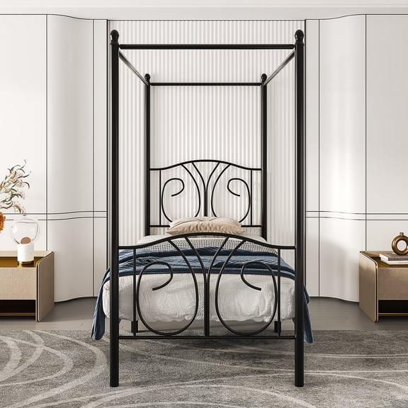 VECELO Twin Metal Bed Frame, Canopy Four Posters Platform Bed Frame with Headboard & Footboard, No Box Spring Needed, Black
