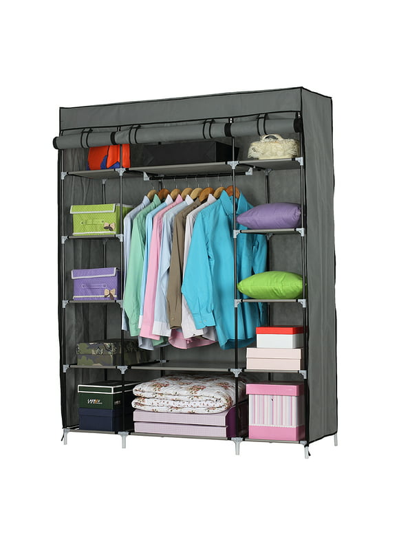Portable Clothes Wardrobe, Non-Woven Fabric Standing Closet Clothes Shelf for Bedroom, Dorm, Loft, Apartment Gray