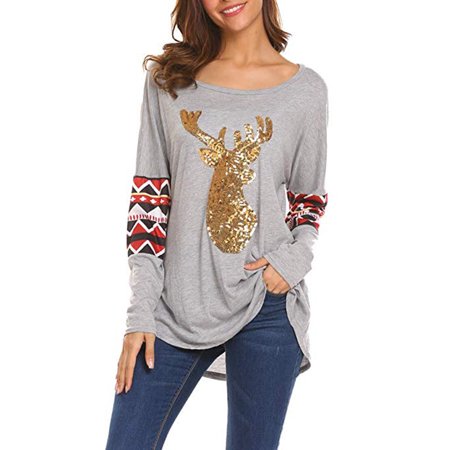Womens Christmas Tops Womens Casual Long Sleeve Christmas Reindeer Sequin T Shirt Blouse Tops ()