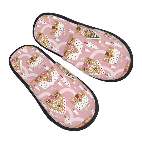 House Slippers for Women Men - Gingerbread Houses Pink Wonderland Lightweight House Shoes Fuzzy Slippers, Soft Slip-On Cozy House Slippers for Woman Indoor Outdoor